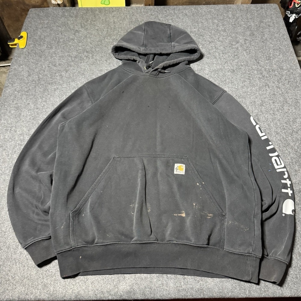 Carhartt Mens Hoodie L Loose Fit Black Spell Out Logo Distressed Splatter Grunge